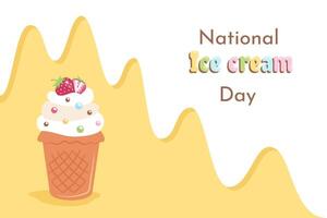 Greeting banner with color text. Delicious ice cream in waffle cone decorated strawberry, sprinkling. Ice cream day. Sweet frozen yogurt close up. flat cartoon illustration vector