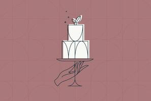 Cake stand with dessert in art deco style holding by hand drawing on coral background vector