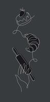 Bakery desserts cake, croissant and rolling pin linear style vertical silhouette drawing on black background vector