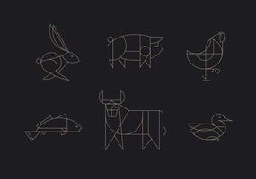 Animals rabbit, pig, chicken, fish, cow, duck drawing in art deco linear style on black background vector