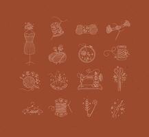 Sewing item icons scissors, mannequin, pin, thimble, wool, threads, yarn, skein, bobbin, pillow, sewing machine, hanger embroidery circle hook drawing in floral style on mustard background vector