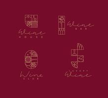 Wine art deco labels with lettering drawing in linear style on red background vector