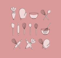 Linear bakery tools pastry bag, potholder, bowl, whisk, spoon, rolling pin, spatula drawing in pen line style on coral background vector