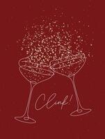 Clink glass of champagne with splash drawing in pen line style on red background vector