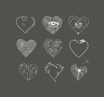 Hearts shape with flower, eye, fingerprint, wave, arrow, stone drawing in graphic style on dark background vector