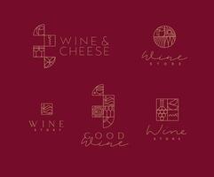Wine art deco lettering labels drawing in linear style on red background vector