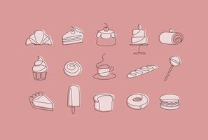 Linear bakery and dessert icons cupcake, lollipop, coffee, baguette, pie, doughnut, ice cream, cake, macarons, bread, biscuit drawing in pen line style on coral background vector