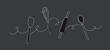 Bakery tools whisk, rolling pin, spatula silhouette drawing on black background vector