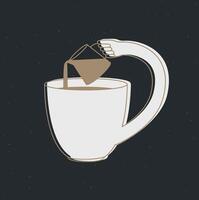 Cup pours milk into itself drawing in cartoon flat line style on black background vector