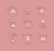 Linear bakery and dessert labels croissant, cupcake, pie, baguette, cake, coffee, ice cream, doughnut with lettering drawing in pen line style on coral background vector