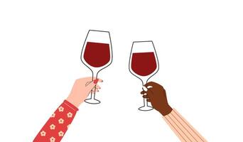 Two hands holding glasses with red wine. Toasting and clinking. Celebration concept. isolated on white background. vector