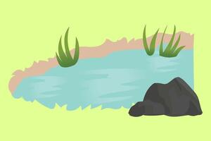 Kolam ditaman. Illustration of a pond object in a garden surrounded by grass and rocks with a light green background. vector