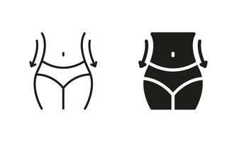 Woman Loss Weight Pictogram. Shape Waistline Control. Slimming Waist Line and Silhouette Black Icon Set. Set of Female Body Slimming Symbol Collection. Isolated Illustration vector