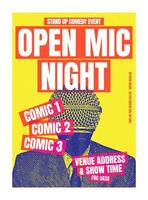 Open Mic Night poster, for comedy club or stand up comedy event, print template banner or flyer, with microphone head illustration, eps design and colorful background vector