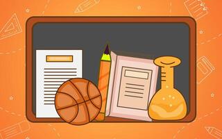 an orange background with a basketball, books and a school desk vector