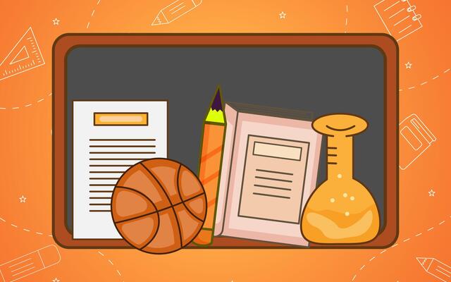 an orange background with a basketball, books and a school desk