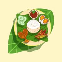 a plate with nasi lemak food on it and a leaf vector