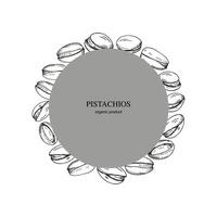 Pistachios label background for text. Border with heap pistache nuts, organic food ingredient. Design frame for card, print, paper, wrapping, logo. Hand drawn engraved illustration vector