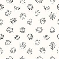 Hazel Nut Seamless Pattern. Repeating background with engraved hazelnut plant, fruits, shell. Ornament for paper, wrapping, print, card. Hand drawn ink sketch. Food, organic ingredient vector