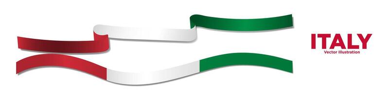 3d Horizontal Thin Italian Flag Ribbons with shadows, isolated on white background. Curled and rendered in perspective. Graphic Resource. Editable Illustration. vector