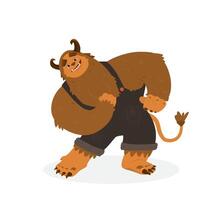 Funny Monster Character Design Cartoon Illustration. Big Fluffy Smiling Monster With Tail And Horns In Overall In Dancing Pose. Isolated On White. vector