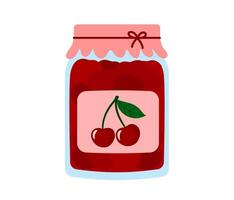 Cherry berry jam. Glass jar of preserved berry jam, berry confiture in bottle. Flat illustration isolated on white background vector