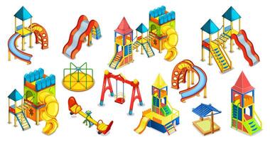 Kids playground set. Equipment for playing. Playhouse. Slides, swings and roundabout. vector