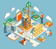 Educational isometric flat design. Concept of learning and reading books. Perfect for training courses, tutorials, and lectures. Illustration. vector