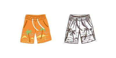 Hand-drawn colored and monochrome sketch of beach shorts. Summer accessory isolated on white background. vector