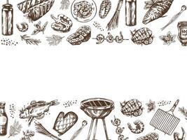 A set of hand-drawn sketches of barbecue and picnic elements, barbecue grill, tools, grilled fish, fish steaks. Template. Doodle vintage illustration. vector