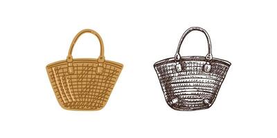 Hand-drawn colored and monochrome sketch of beach wicker bag. Summer accessory isolated on white background. vector