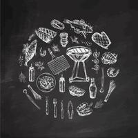 A set of hand-drawn sketches of barbecue and picnic elements, barbecue grill, tools, grilled fish, fish steaks. Template. Vintage illustration on chalkboard background. vector