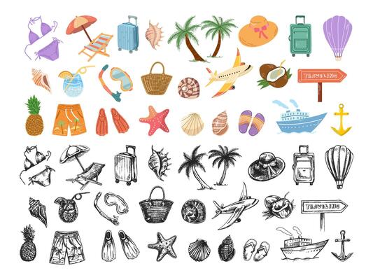 Summer tourist destinations. A cute set of travel icons in a flat style. Icons for tourism and camping adventures. A clipart with travel elements, bags, transport, map, palm tree, shells.