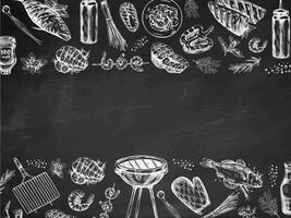 A set of hand-drawn sketches of barbecue and picnic elements, barbecue grill, tools, grilled fish, fish steaks. Template. Vintage illustration on chalkboard background. vector