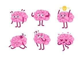 Set of emoji stickers with character brain, puzzled, strong, inspired, smiling, in love, sleeping in cute cartoon style. vector