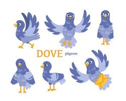 A set of images of a dove in different poses and lettering in a cute cartoon style. vector