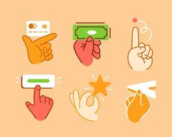 Set of hand gestures and actions, holds a bank card, holds a banknote, presses a button, sends a message in doodle style. vector