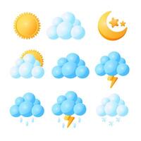 Set of weather icons, sunny, cloudy, clear at night, partly cloudy, rain, thunderstorm, snow in cute cartoon style. vector