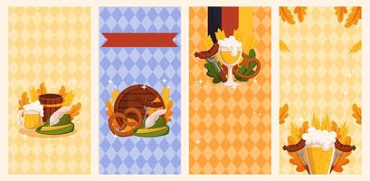 Beer festival vertical banner collection template. Design with glass of beer, wheat and leaves, banner ribbon and other festive objects on light rhombus background vector