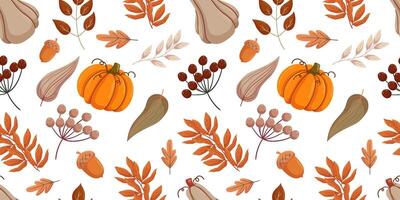 Seamless autumn pattern featuring pumpkins, acorns, various fall leaves, and berries. The rich orange, brown, and green hues of elements. Festive and cozy design ideal for seasonal decor and textiles vector