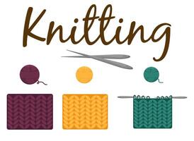 A set of hand-knitted textures, a set of knitting threads. The process of knitting textiles. Hobbies, handmade needlework, knitting. vector