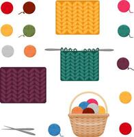 Threads and knitting needles. A set of multicolored woolen threads and knitting needles for hobby knitting. Knitted products. Threads, knitting needles, wool knitwear, basket. illustration. vector