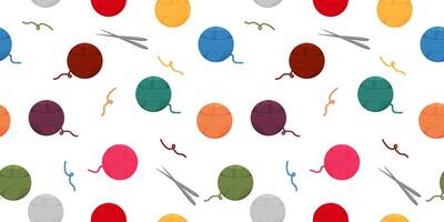 Seamless pattern with knitting needles and different balls of yarn. illustration. vector