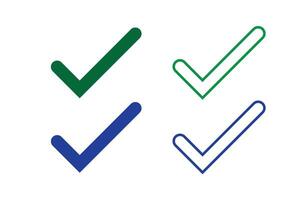 Tick mark symbol green and blue color in . Check mark icon set. Symbol of correct, check, approved. Stroke and fill tick sign element. isolated on white background. illustration vector