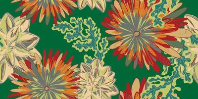 a floral pattern with many different flowers on green vector