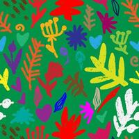 a colorful pattern of leaves and flowers on a green background vector