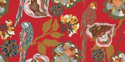 a red and blue floral pattern with birds on it vector