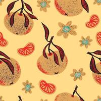 a pattern with oranges and leaves on it vector