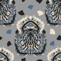a pattern with an octopus and shells on a gray background vector