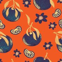 a pattern with oranges and leaves on an orange background vector